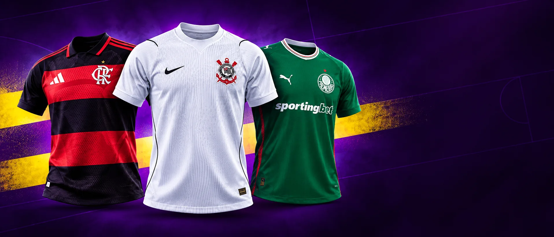 As camisas 26/27 do Flamengo, do Corinthians e do Palmeiras lado a lado, sobre o roxo da Xavier's com a faixa amarela em diagonal