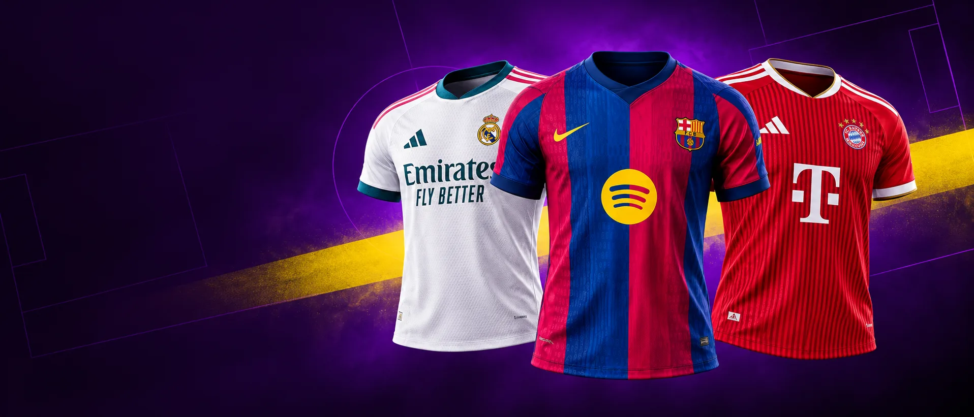 As camisas 26/27 do Real Madrid, do Barcelona e do Bayern de Munique lado a lado, sobre o roxo da Xavier's