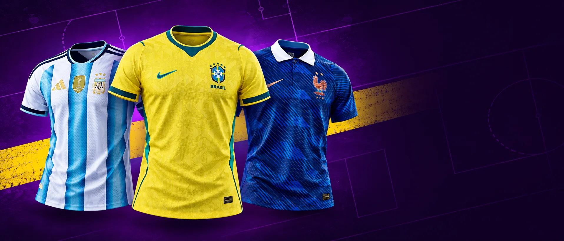 As camisas da Argentina, do Brasil e da França para a Copa 2026, sobre o roxo da Xavier's com a faixa amarela em diagonal
